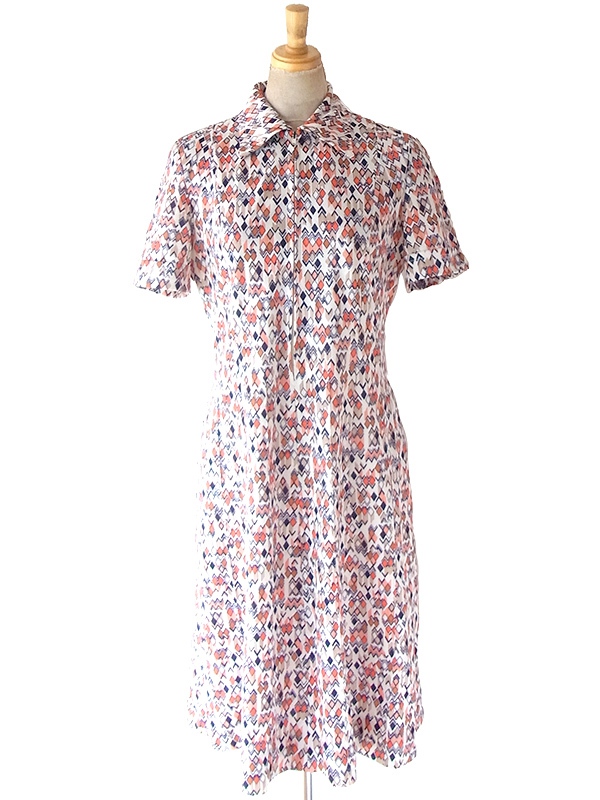 ヨーロッパ古着 70年代フランス製 オフホワイト X オレンジ・ブラック 幾何学柄 フロントジップ ワンピース 25FC209