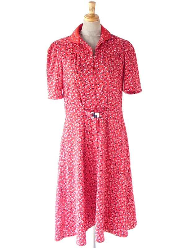 ヨーロッパ古着 70年代フランス製 レッド X ブルー・ホワイト 小花柄 ヴィンテージ ワンピース 25FC301