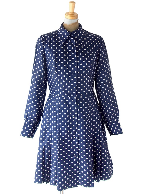 ヨーロッパ古着 フランス買付け 70年代製 ネイビー X ホワイト 水玉 フレアシルエット プリーツ ワンピース 25FC302