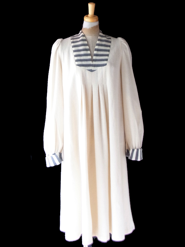 【送料無料】フランス買付け 60年代製 オフホワイト X グレイ ボーダー プリーツ ワンピース 26FC004【ヨーロッパ古着】