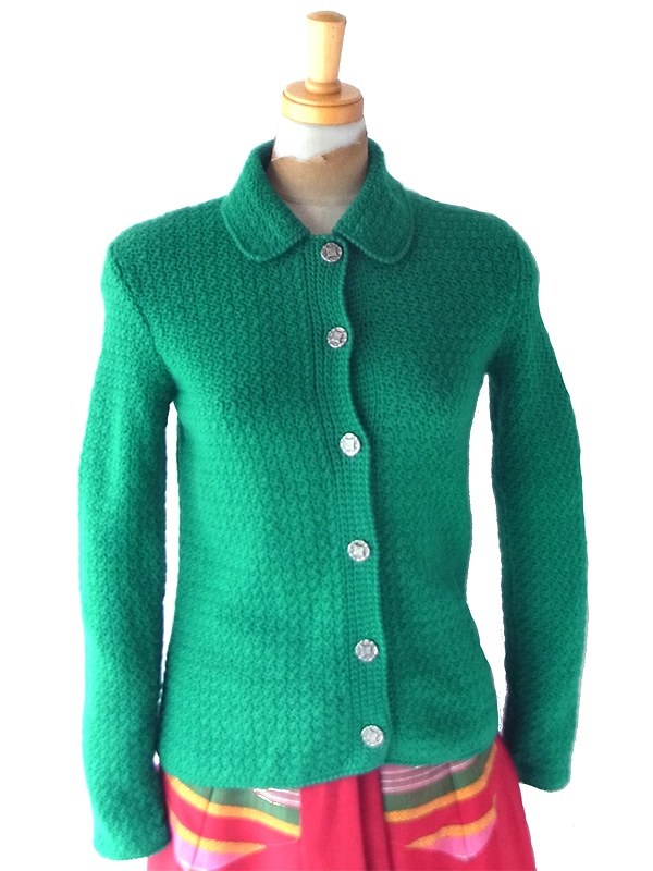 ヨーロッパ古着 フランス買付け 刻印入りシルバーボタン 鹿の子編み風 ウール カーディガン 26FC010