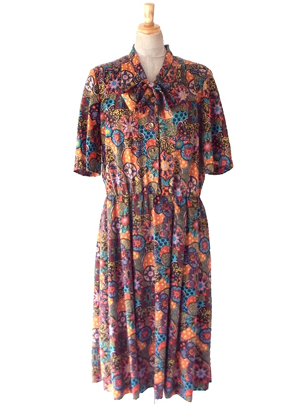 【送料無料】70年代フランス製 カラフル サイケ調タイル・ミニプリント ボウタイ ワンピース 26FC107【ヨーロッパ古着】