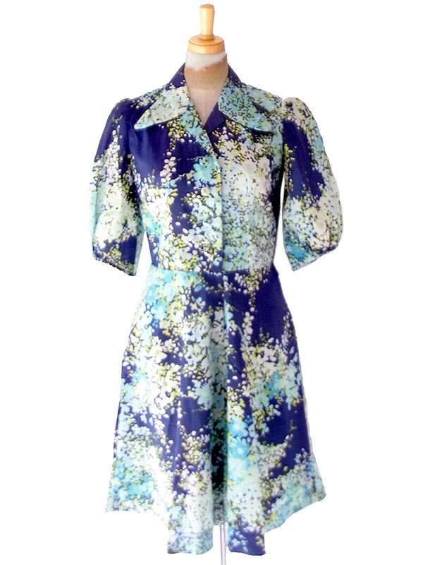 【送料無料】フランス買付け 70年代製 ネイビー×花柄 大きめ襟 パフスリーブ ワンピース 26FC108【ヨーロッパ古着】