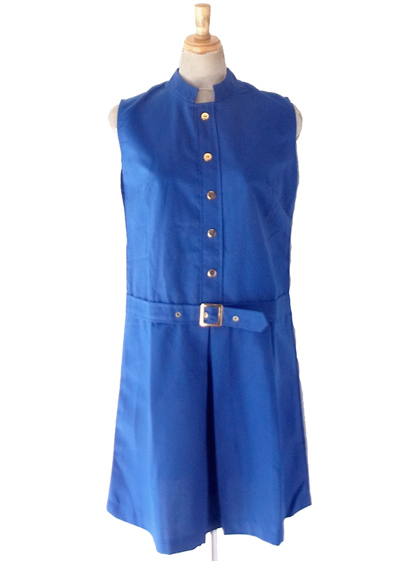 【送料無料】フランス買付け 70年代製 デッドストック ロイヤルブルー スタンドカラー ワンピース 26FC109【ヨーロッパ古着】