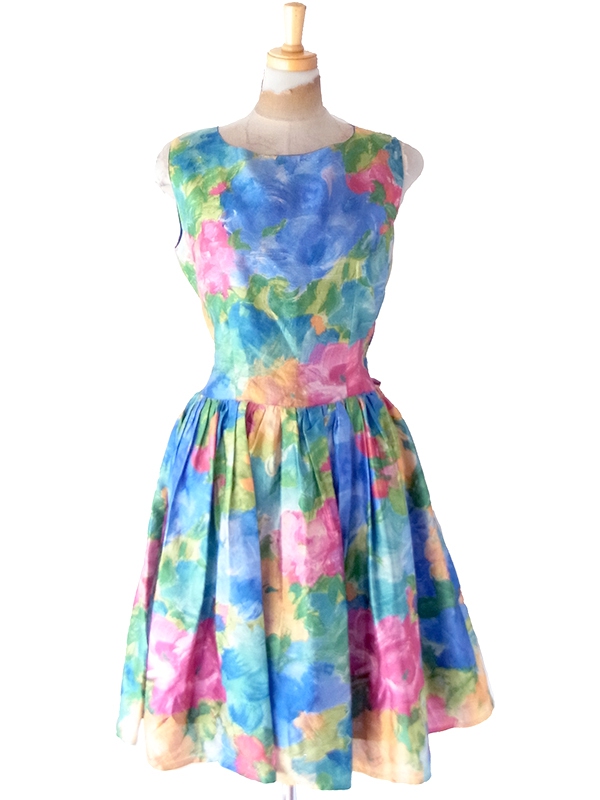 【送料無料】70年代フランス製 Christina VIVA 油彩タッチの花柄プリント ウエストリボン ワンピース 26FC111【ヨーロッパ古着】