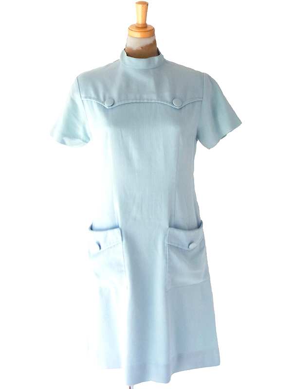 【送料無料】70年代フランス製 パステルブルー ヨーク切替 フラップポケット ワンピース 26FC113【ヨーロッパ古着】
