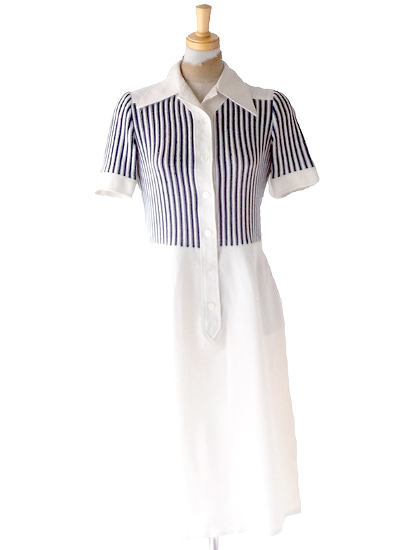 70年代フランス製 CAROLINE ROHMER オフホワイト X ネイビー ストライプ ワンピース 26FC119
