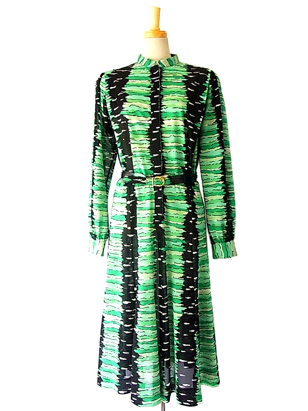 送料無料 イタリア製 グリーン レザーベルト付き ヴィンテージ ドレス 古着 06uk31 ヨーロッパ古着