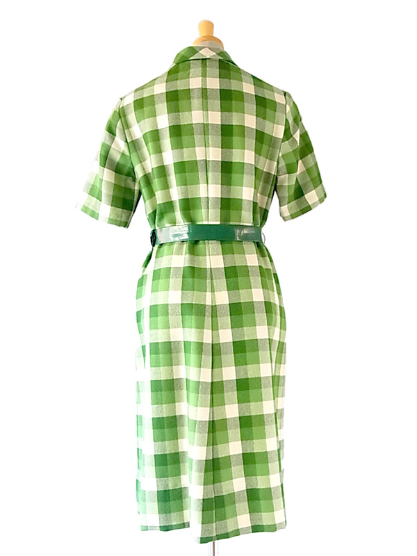 イギリス製 St.Michael グリーン X ホワイト ブロックチェック ウール ワンピース:古着 09UK19