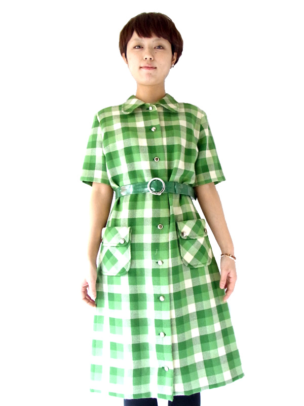 やわらかなウール生地、グリーンのブロックチェック、英名門St.Michaelのガーリーなワンピ