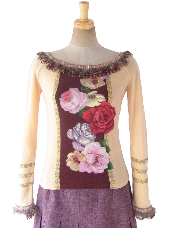 ヨーロッパ古着 ロンドン買い付け ベージュ X 薔薇プリント 襟・袖羽飾り トップス 09UK331