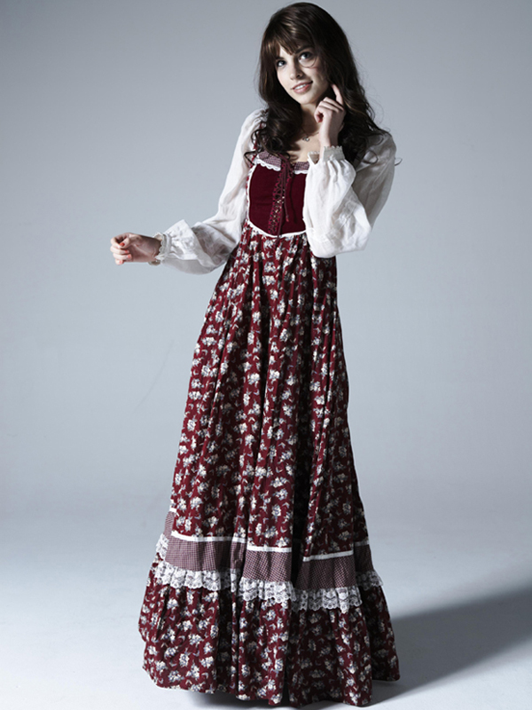 送料無料 アメリカ製 Gunne Sax 編み上げ 花柄 バーガンディー マキシ ワンピース 11po228 美品