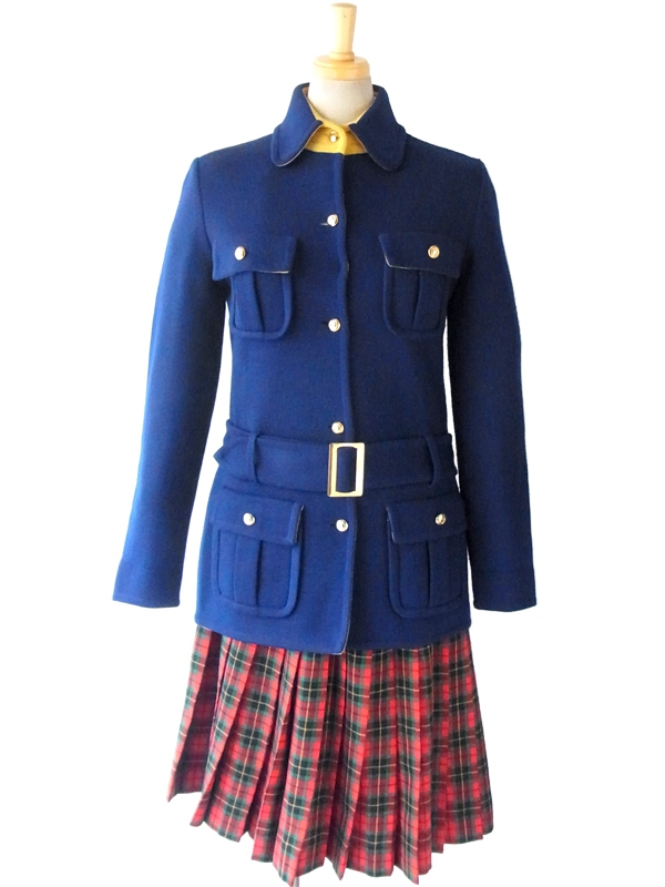 【送料無料】ロンドン買付 ６０年代製 ブルー X イエロー 大人可愛い レトロ ウールコート 11PO94【ヨーロッパ古着】