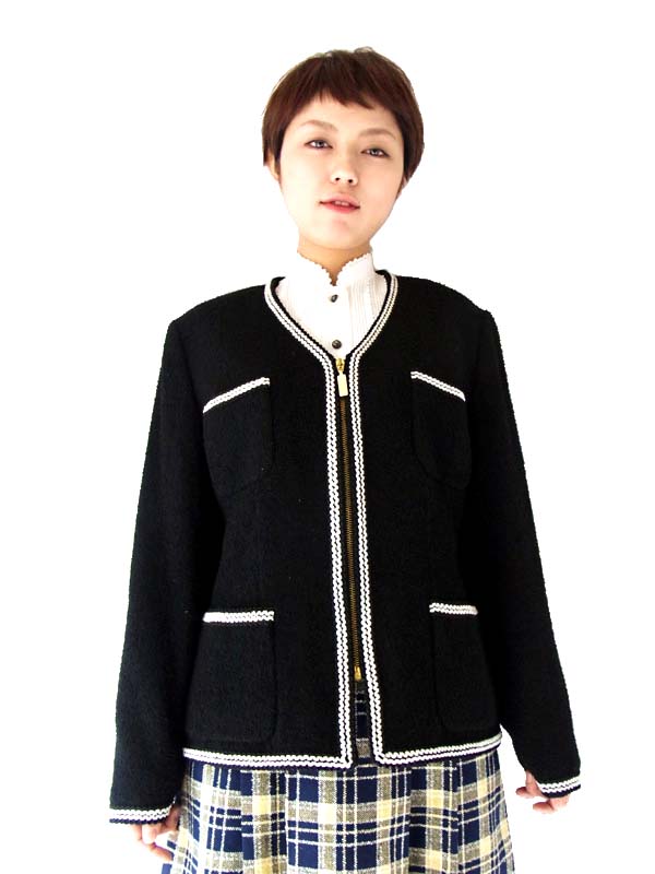 モノトーンのコントラストがきれい♪チェーン風ステッチもキュートなジップアップカーディガン