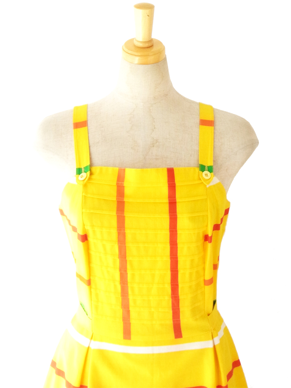 ヨーロッパ古着 ロンドン買付　60年代製　イエロー X カラフルボーダー レトロ・ヴィンテージ ストラップ　ワンピース 12BS7