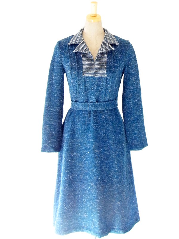 フランス製 ブルー・ホワイト X 　ボーダー襟　ヴィンテージ ニット　ワンピース 12FC207