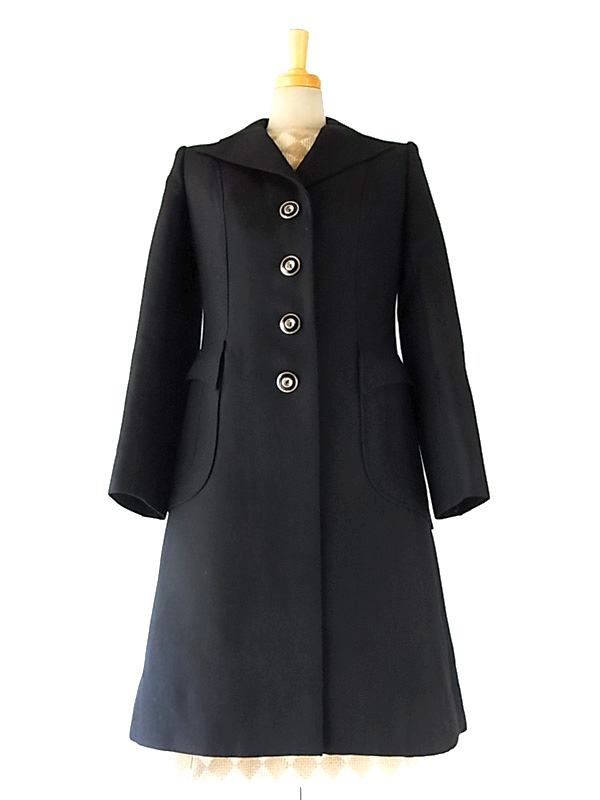 フランス買付け　ブラック　デザインポケット　ヴィンテージ　ウール　コート　ヨーロッパ古着