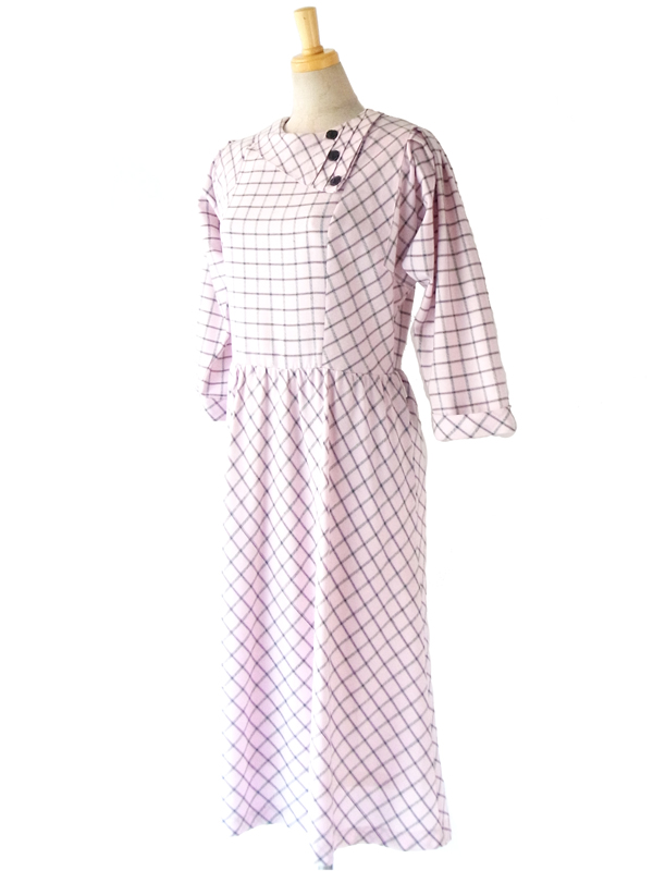 ヨーロッパ古着 60年代フランス製 ピンク X 格子柄 七分袖 ヴィンテージ ワンピース : 12FC306
