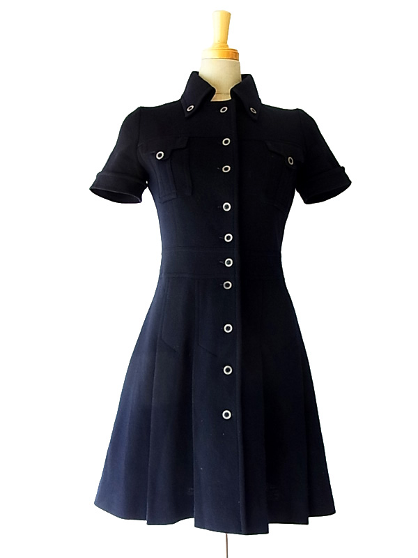 送料無料 フランス買い付け ネイビー プリーツスカート ヴィンテージ ウール ワンピース 古着12fc42 ヨーロッパ古着