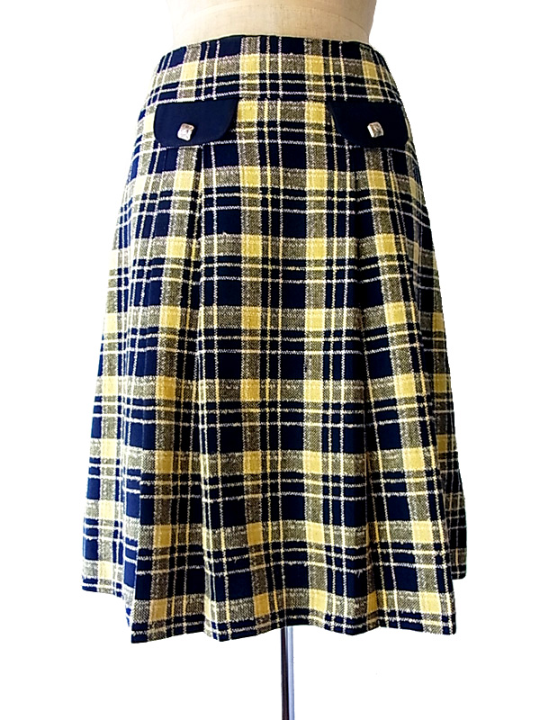 フランス買付け　ブルーXイエロー　タータンチェック　スカート　ヨーロッパ古着