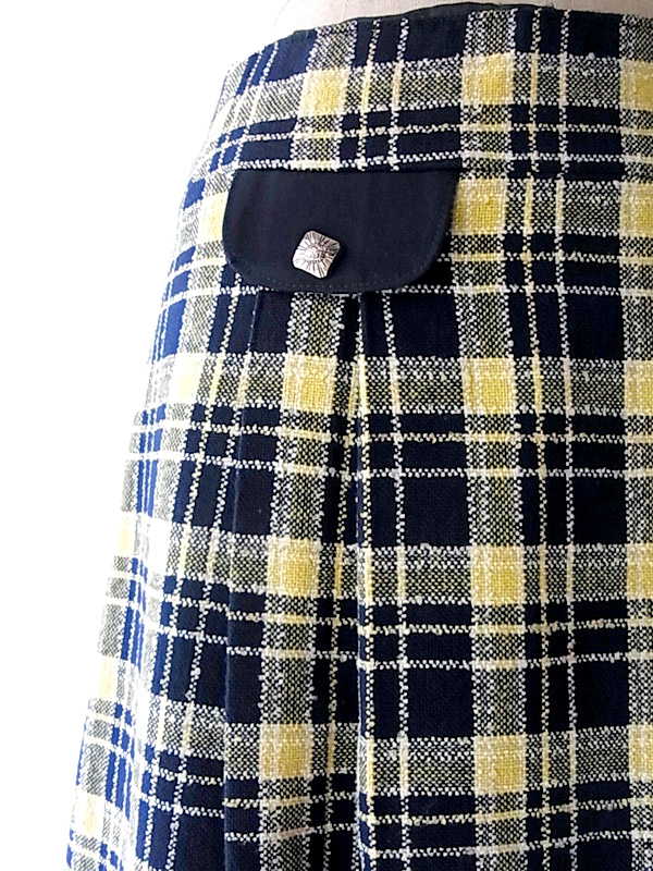 フランス買付け　ブルーXイエロー　タータンチェック　スカート　ヨーロッパ古着