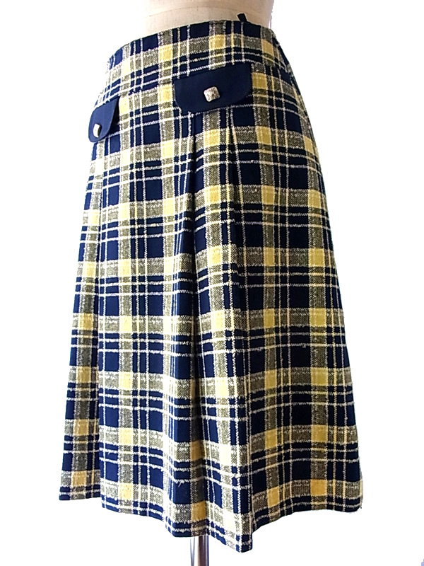 フランス買付け　ブルーXイエロー　タータンチェック　スカート　ヨーロッパ古着