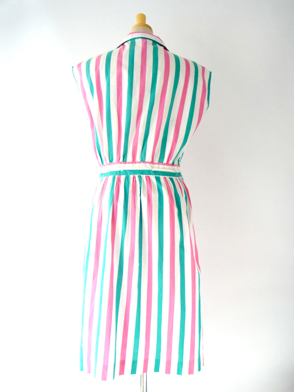 ヨーロッパ古着 フランス買い付け ホワイト X 水色 ピンク ストライプ ヴィンテージ ワンピース 13fc1 送料無料
