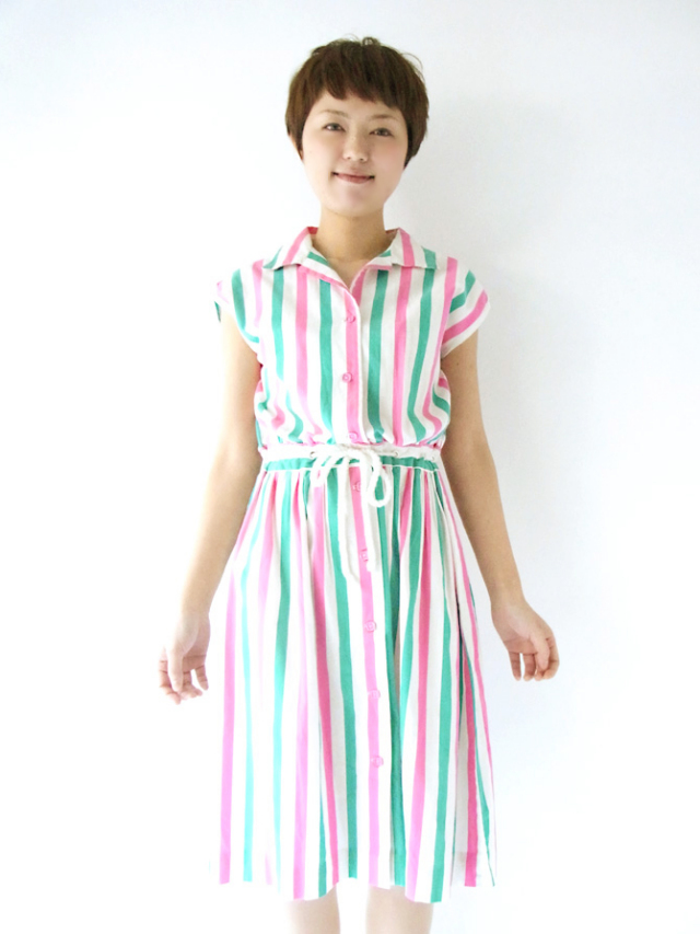 ヨーロッパ古着 フランス買い付け ホワイト X 水色 ピンク ストライプ ヴィンテージ ワンピース 13fc1 送料無料