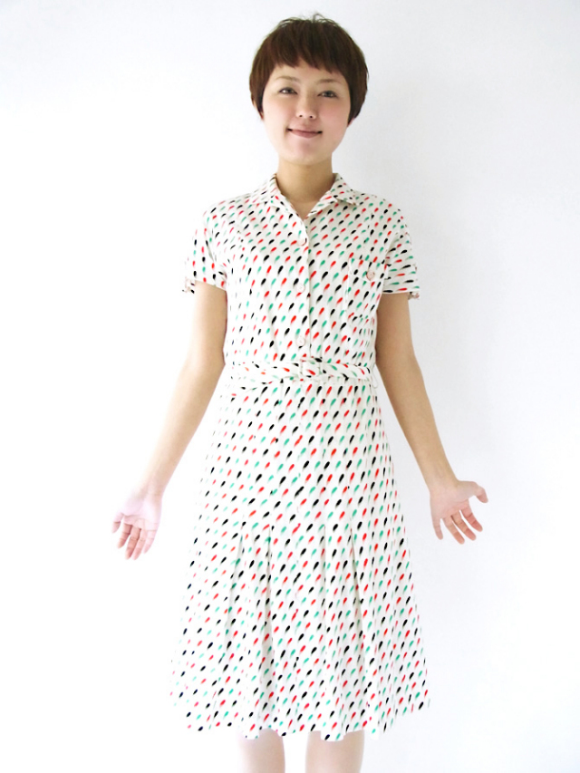 【ヨーロッパ古着】フランス製 ホワイト 絵の具ペイント風プリント ヴィンテージ ワンピース :　13FC2【送料無料】