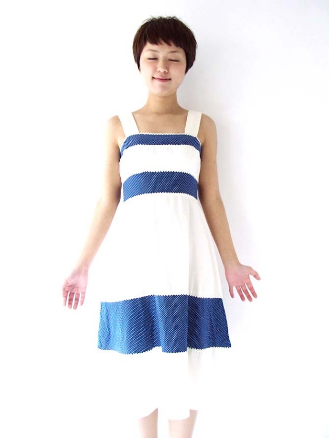 【ヨーロッパ古着】フランス買い付け ホワイトXブルー 水玉プリント ヴィンテージ サマーワンピース :　13FC35【送料無料】