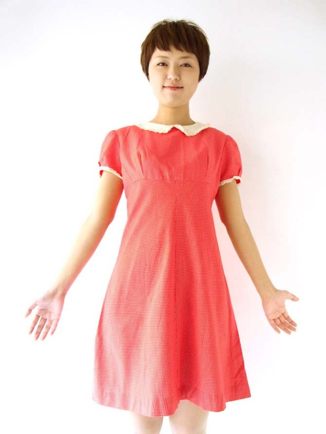【ヨーロッパ古着】フランス買い付け ５０年代製 レッドXホワイト 水玉 レース襟・袖 ヴィンテージ ワンピース 【送料無料】