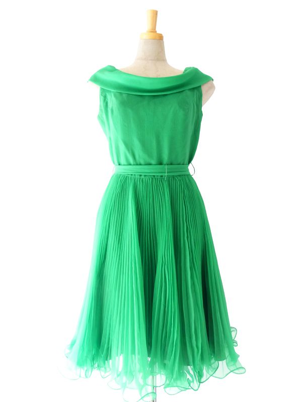 ヨーロッパ古着　フランス買い付け グリーン X アコーディオンプリーツ ヴィンテージ　ワンピース :　13FC425