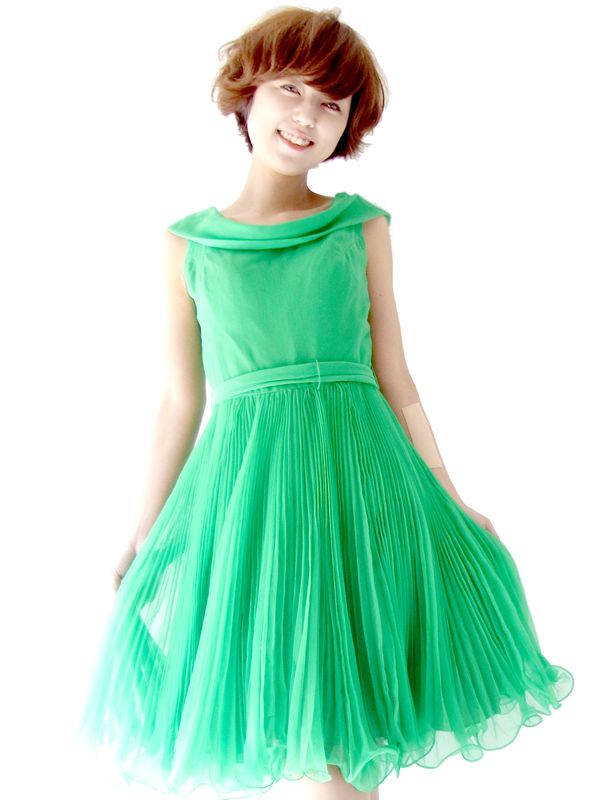 フランス買い付け グリーン X アコーディオンプリーツ ヴィンテージ　ワンピース :　13FC425