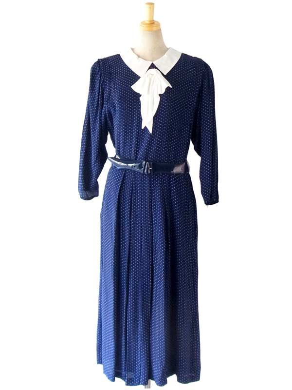 ヨーロッパ古着 フランス買付 ネイビー X ホワイト 水玉プリント スカーフタイ ワンピース : 13FC427