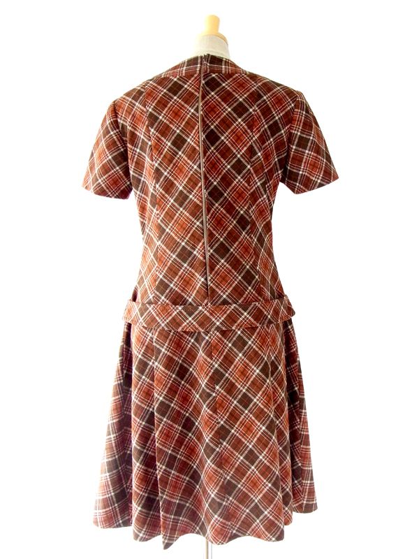 ヨーロッパ古着　フランス買い付け　ブラウン X レッド　タータンチェック　ヴィンテージ　ワンピース　13FC512