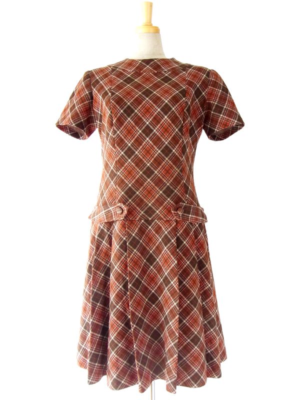 ヨーロッパ古着　フランス買い付け　ブラウン X レッド　タータンチェック　ヴィンテージ　ワンピース　13FC512