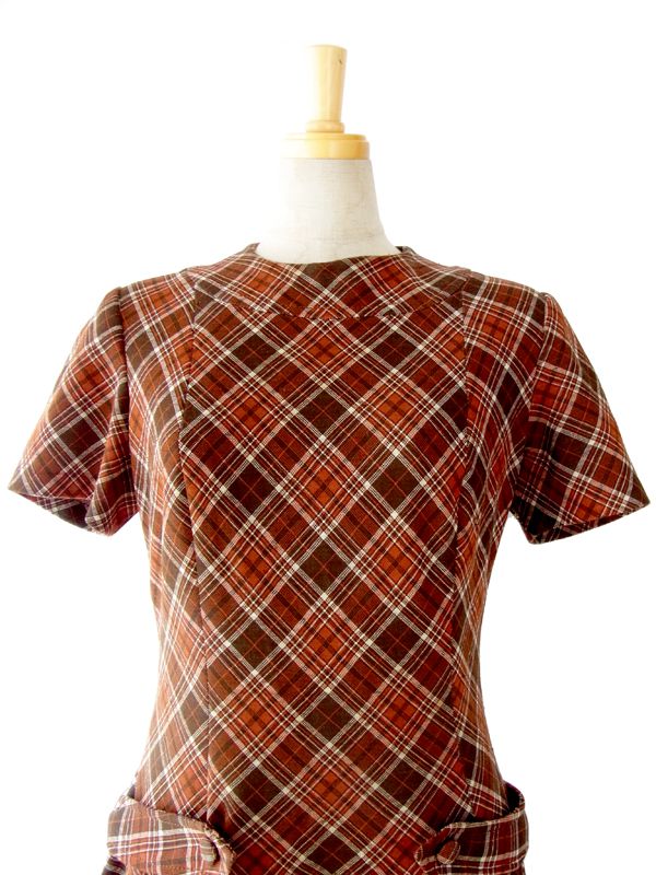 ヨーロッパ古着　フランス買い付け　ブラウン X レッド　タータンチェック　ヴィンテージ　ワンピース　13FC512