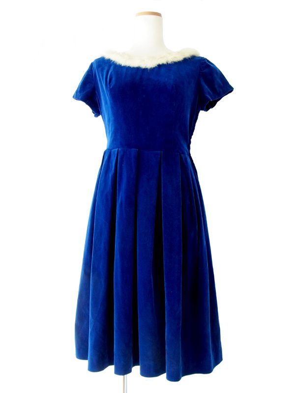 ヨーロッパ古着　フランス買い付け　ブルー ベルベット リアルファー衿　ヴィンテージ　ワンピース 13FC520