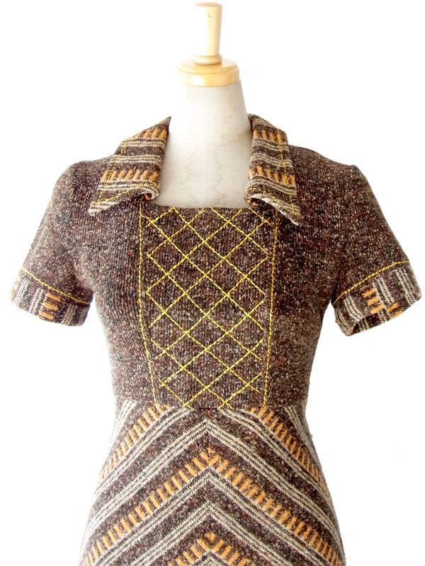 ヨーロッパ古着　フランス買い付け ブラウン X イエロー アーガイル デザインステッチ　ヴィンテージ ワンピース