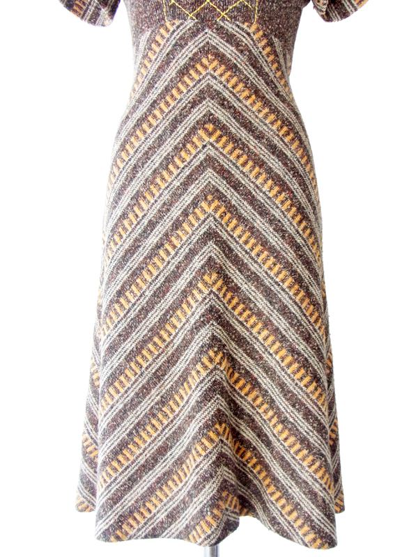 ヨーロッパ古着　フランス買い付け ブラウン X イエロー アーガイル デザインステッチ　ヴィンテージ ワンピース