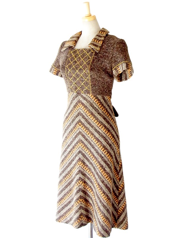 ヨーロッパ古着　フランス買い付け ブラウン X イエロー アーガイル デザインステッチ　ヴィンテージ ワンピース