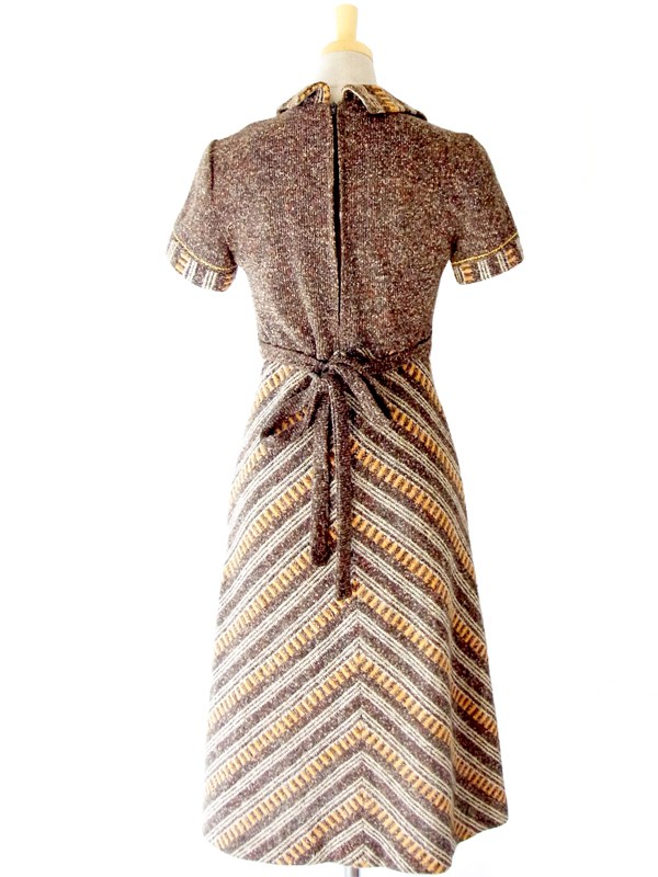 ヨーロッパ古着　フランス買い付け ブラウン X イエロー アーガイル デザインステッチ　ヴィンテージ ワンピース