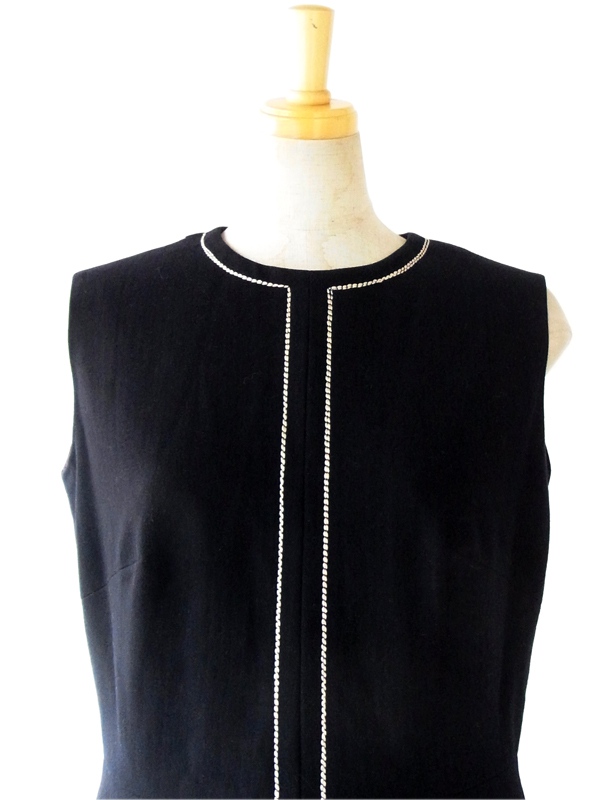 【送料無料】フランス買い付け　６０年代製 ネイビー× ステッチ エレガントライン ウール　ワンピース : 13FC702【在庫一点限り】