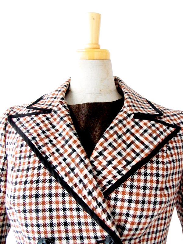 【送料無料】フランス買い付け　６０年代製 ブラウン X ホワイト X ブラック　チェック柄　ウール　コート : 13FC708【在庫一点限り】