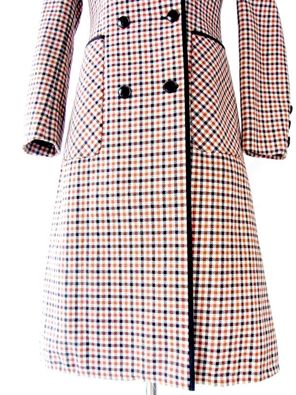 【送料無料】フランス買い付け　６０年代製 ブラウン X ホワイト X ブラック　チェック柄　ウール　コート : 13FC708【在庫一点限り】