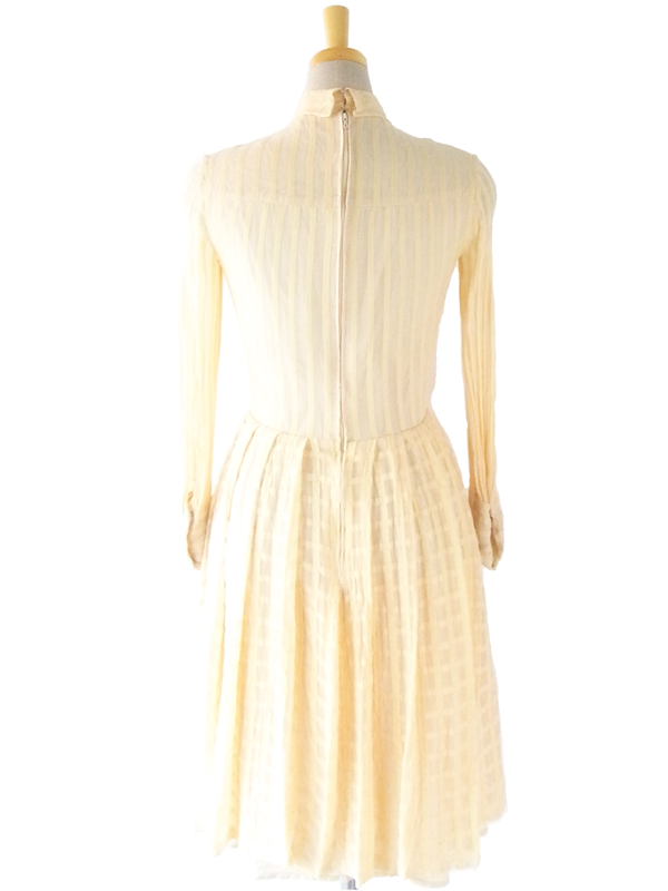 ヨーロッパ古着　フランス製　アイボリー　シルクオーガンジー×チェック織地　ボウタイ　ヴィンテージ　ワンピース 13FC801