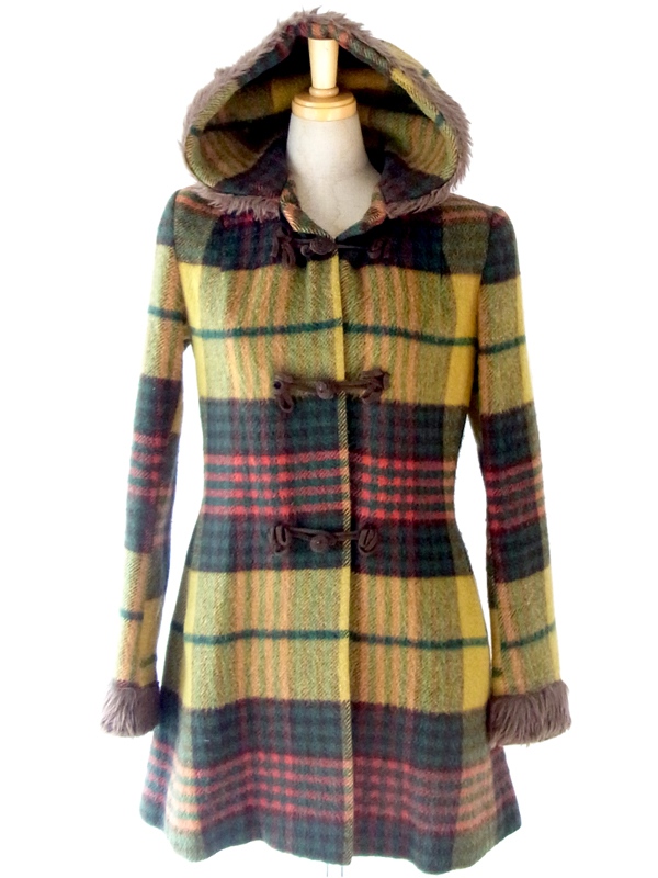 フランス買い付け　グリーン X イエロー　チェック柄 ファー付きフード ヴィンテージ コート : 13FC805
