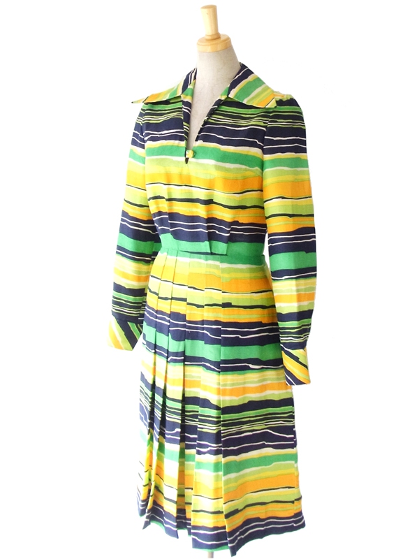 ヨーロッパ古着 ６０年代製　グリーン・イエロー・ブルー ボーダー ヴィンテージ シルク ワンピース : 13FC807
