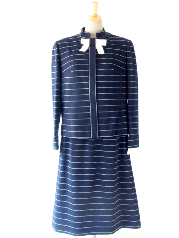 送料無料】６０年代フランス製 ネイビー X ホワイト ボーダー リボン