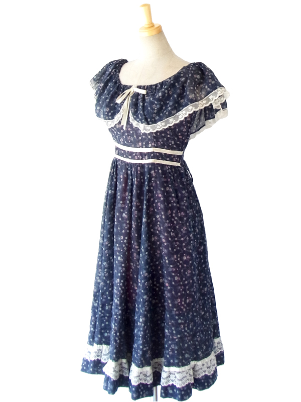  70年代 アメリカ製　GUNNESA 濃紺 X 小花柄 アンティーク ドレス 13SP12 